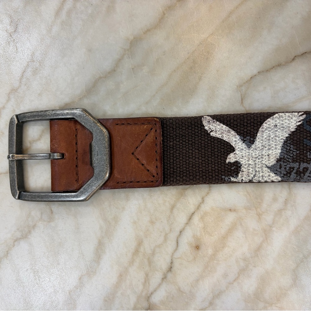 American Eagle Outfitters Men’s Brown Canvas Belt with White Logo